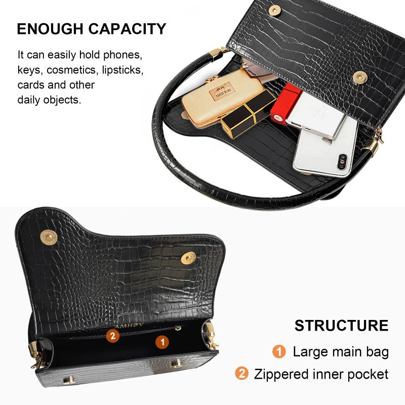 AMHDV Retro Classic Clutch Shoulder Bag Crocodile Pattern Small Crossbody Handbag for Women (02black) - Image 3